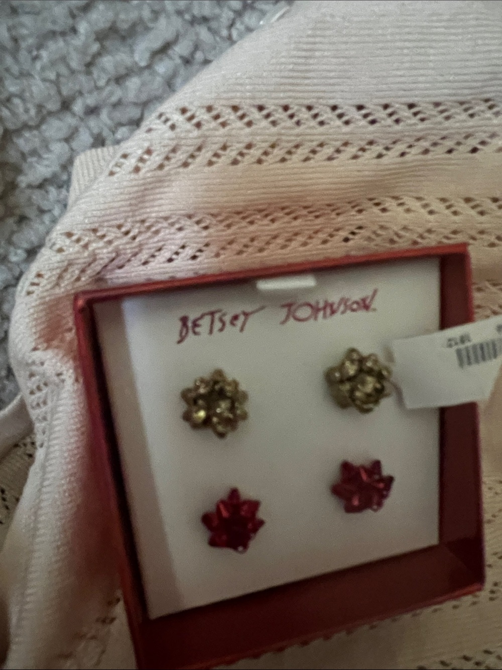 New Betsey Johnson Set of 2 Holiday Earrings Gold Red NWB